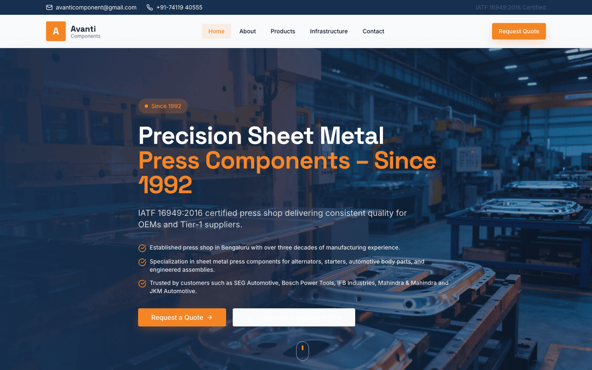 Avanti Components website screenshot