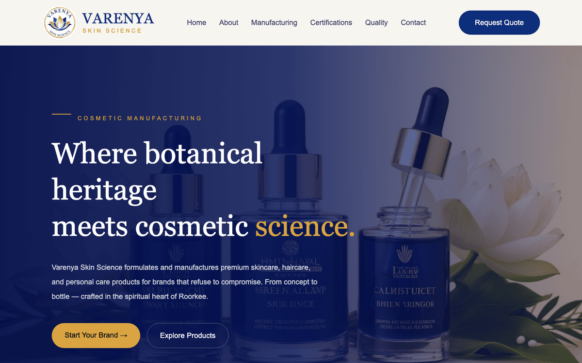 Varenya Skin Science website screenshot